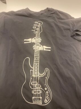 Black Tee with White Bass Guitar and Skeleton Hands Graphic